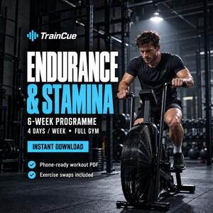 Peut inclure: Une personne en t-shirt et short noirs s'exerçant sur un vélo à air noir. Le texte indique : TrainCue, ENDURANCE & STAMINA, 6-WEEK PROGRAMME, 4 DAYS / WEEK, FULL GYM, INSTANT DOWNLOAD, Phone-ready workout PDF, Exercise swaps included.