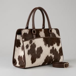 May include: A structured handbag featuring a brown and white cowhide pattern with a textured hair-on-hide finish. The bag includes dark brown leather handles, matching trim, gold-tone hardware, and a detachable, adjustable brown leather shoulder strap.