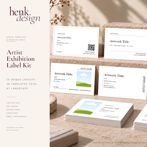 May include: An artist exhibition label kit featuring multiple white rectangular cards with black text and minimalist layouts. The cards display placeholders for artist names, artwork titles, and dimensions. Some cards include a small landscape graphic.