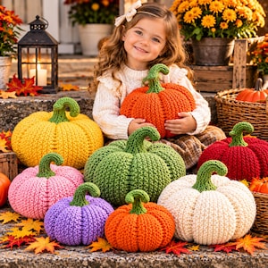 Può includere: Una collezione di zucche all'uncinetto fatte a mano in vari colori, tra cui giallo, arancione, verde, rosa, viola, rosso e crema. Ogni zucca presenta una superficie in maglia testurizzata e un gambo verde distinto su una superficie in pietra.