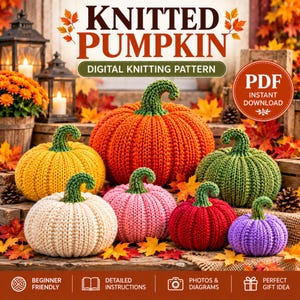 Könnte beinhalten: Eine digitale Strickanleitung für einen gestrickten Kürbis, mit sieben Kürbissen in verschiedenen Farben wie Orange, Gelb, Grün, Weiß, Rosa, Rot und Lila. Jeder Kürbis hat einen grünen Stiel. Der Text lautet KNITTED PUMPKIN DIGITAL KNITTING PATTERN PDF INSTANT DOWNLOAD.