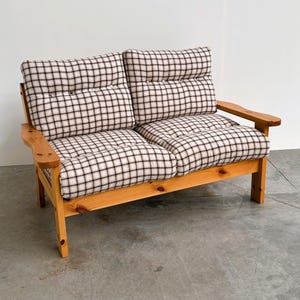 Vintage Pine Two-Seater Sofa with Original Plaid Upholstery, 1970s