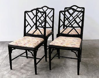 Set aus 4 Esszimmerstühlen in Bambusoptik, schwarz lackiert, Hollywood Regency Stil