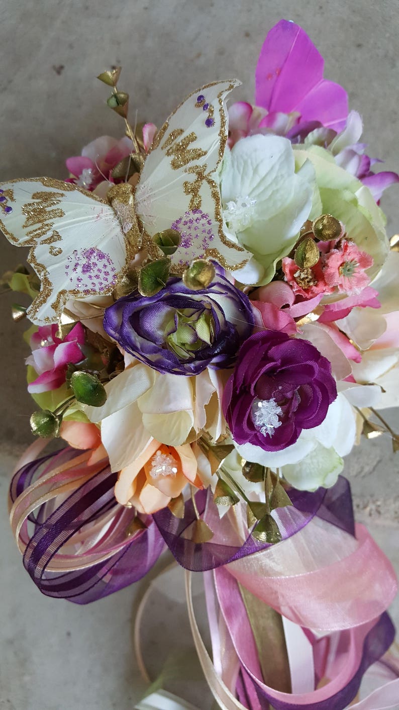 Butterfly Pom Wand Bright Spring or Fall Eggplant Peach Ivory Blush