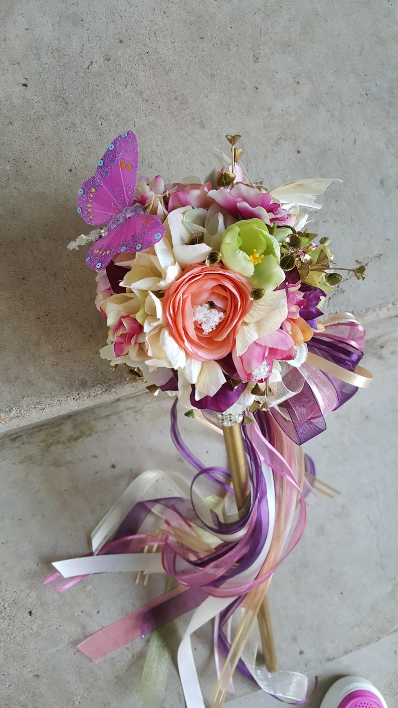 Butterfly Pom Wand Bright Spring or Fall Eggplant Peach Ivory Blush