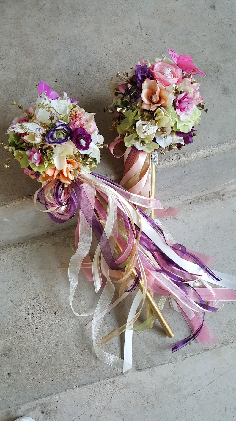 Butterfly Pom Wand Bright Spring or Fall Eggplant Peach Ivory Blush