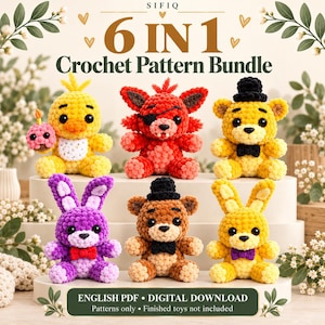 Peut inclure: Un lot de 6 modèles de crochet comprenant six peluches : un poussin jaune avec un cupcake, un renard rouge avec un cache-œil, un ours jaune avec un chapeau noir, un lapin violet, un ours brun avec un chapeau noir et un lapin jaune.