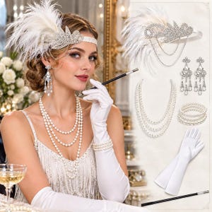 May include: A white feather headband with silver rhinestone accents and hanging chains, a three-strand pearl necklace, white satin opera gloves, dangling rhinestone earrings, a multi-strand pearl bracelet, and a long black cigarette holder.