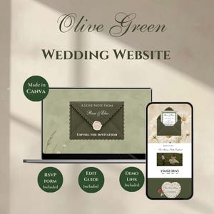 Könnte beinhalten: Eine digitale Hochzeits-Website-Vorlage in Olivgrün, dargestellt auf einem Laptop und einem Smartphone. Der Text umfasst Olive Green WEDDING WEBSITE, Made in Canva, A LOVE NOTE FROM Rose & Alex, UNVEIL THE INVITATION, RSVP FORM, EDIT GUIDE und DEMO LINK.
