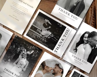 May include: A collection of wedding thank you cards featuring black and white photographs of couples, with the text THANK YOU, Anna & James, and the date 14.07.2027 printed on each card, alongside a card with instructions for family and friends.
