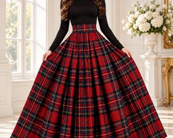 Roter Tartan-Maxirock, langer Rock im schottischen Karomuster, hochtaillierter, weit ausgestellter Rock, Vintage-Cottagecore-Damenbekleidung, Urlaubsoutfit