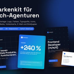 Könnte beinhalten: Ein Markenkit für Tech-Agenturen mit Figma-Vorlagen für Logos, Farben, Typografie, Icons, Social Media, Visitenkarten, E-Mail und Briefpapier. Die Darstellung zeigt verschiedene Benutzeroberflächen in Dunkelblau und Weiß mit Text.