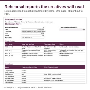 May include: A digital rehearsal report template with dark purple headers and white text fields. It includes sections for rehearsal details, daily work logs for acts and scenes, and an attendance list for cast members, titled The Example Play.