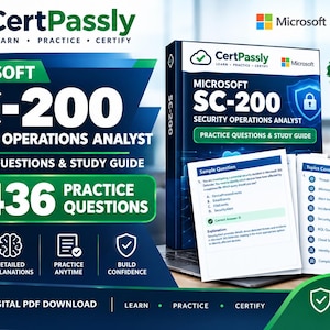 May include: A digital study guide for the Microsoft SC-200 Security Operations Analyst exam by CertPassly. The cover features blue and green branding, text indicating 436 practice questions, and a PDF download icon. Includes sample pages.