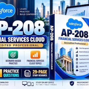 Może przedstawiać: Przewodnik do nauki Salesforce AP-208 Financial Services Cloud Accredited Professional zawierający 81 pytań praktycznych i 29-stronicowy zasób. Okładka przedstawia logo Salesforce, klasyczny budynek oraz listę tematów finansowych.