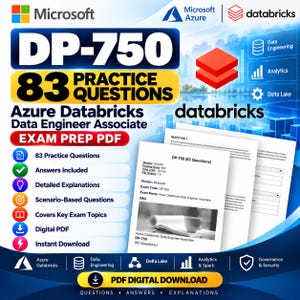 May include: A digital study guide for the Microsoft Azure DP-750 Data Engineer Associate exam, featuring 83 practice questions in PDF format. The graphic includes the Microsoft, Azure, and Databricks logos, with a list of features and a document preview.