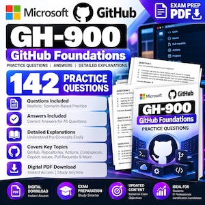 May include: A digital study guide for the Microsoft GitHub GH-900 Foundations exam, featuring 142 practice questions, answers, and detailed explanations. The cover displays the GitHub logo, exam title, and icons for code, cloud, and settings.