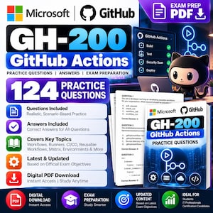 May include: A digital study guide for the Microsoft GH-200 GitHub Actions exam, featuring 124 practice questions and answers. The cover displays the Microsoft and GitHub logos, a cartoon cat mascot, and a list of key topics including workflows.