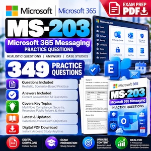 Puede incluir: Una guía de estudio digital para el examen Microsoft MS-203, que incluye 349 preguntas de práctica, respuestas y estudios de caso. El gráfico muestra el logotipo de Microsoft 365, una pantalla de portátil con iconos y un icono de PDF.