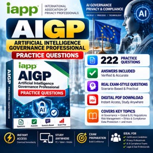 Può includere: Un grafico promozionale per le domande di pratica IAPP AIGP Artificial Intelligence Governance Professional. L'immagine mostra la copertina di un libro con un'icona a scudo e testo che dettaglia 222 domande, risposte e il download digitale in formato PDF.