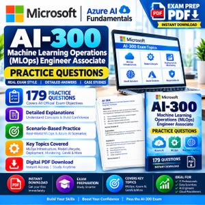 Könnte beinhalten: Ein Microsoft AI-300 Machine Learning Operations Engineer Associate Prüfungsvorbereitungsset mit einem Laptop, der Prüfungsthemen anzeigt, gedruckten Übungsfragen und einem digitalen PDF-Cover mit 179 Fragen.