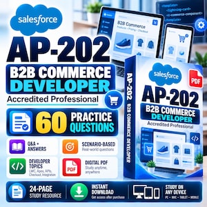 Może przedstawiać: Cyfrowy przewodnik do nauki do egzaminu Salesforce AP-202 B2B Commerce Developer Accredited Professional. Okładka zawiera logo Salesforce, tekst AP-202 B2B Commerce Developer, 60 pytań praktycznych oraz ikony formatu PDF.