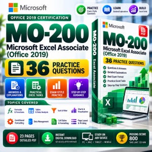 Pode incluir: Um guia de estudo digital para a certificação Microsoft Office 2019 MO-200 Excel Associate. A capa apresenta o logótipo da Microsoft, texto sobre 36 questões de prática, tópicos abordados e um portátil com gráficos e diagramas do Excel.