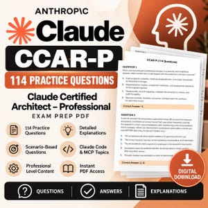 Può includere: Un PDF scaricabile digitalmente per la preparazione all'esame Claude CCAR-P con 114 domande di pratica. Il documento include spiegazioni dettagliate, domande basate su scenari e copre argomenti su Claude Code e MCP con esempi.