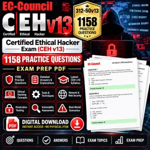 May include: A digital study guide for the EC-Council Certified Ethical Hacker CEH v13 exam, featuring 1158 practice questions in PDF format. The graphic displays a hooded figure, a red padlock icon, and text detailing exam topics and features.