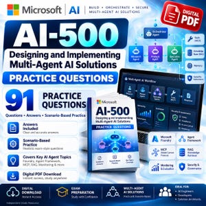 Może przedstawiać: Cyfrowy przewodnik do nauki w formacie PDF do egzaminu Microsoft AI-500, Designing and Implementing Multi-Agent AI Solutions. Okładka ma niebiesko-biały wzór z 91 pytaniami praktycznymi, diagramami przepływu agentów oraz ikonami MCP, RAG i bezpieczeństwa.