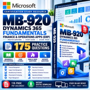 Puede incluir: Un recurso de estudio digital para el examen Microsoft MB-920 Dynamics 365 Fundamentals Finance and Operations Apps. El documento incluye 175 preguntas de práctica, respuestas, casos de estudio y preguntas interactivas en formato PDF.
