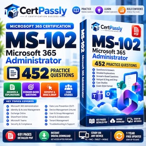 Puede incluir: Una guía de estudio digital para la certificación Microsoft 365 Administrator MS-102, que incluye 452 preguntas de práctica, explicaciones detalladas, preguntas basadas en escenarios y estudios de caso en formato PDF de 651 páginas.