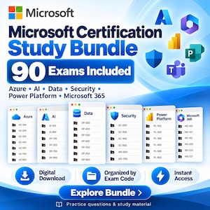 Może przedstawiać: Grafika Microsoft Certification Study Bundle z tekstem 90 Exams Included. Zawiera kategorie takie jak Azure, AI, Data, Security, Power Platform oraz Microsoft 365 z odpowiednimi kodami egzaminów wyświetlanymi w białych cyfrowych oknach.