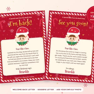 May include: Two rectangular Christmas letters with red backgrounds, white snowflake patterns, and candy cane borders. The left letter says I'm back, and the right says See you soon. Both feature an elf illustration, text, and editable fields.