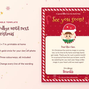 May include: An editable 5 x 7 inch Christmas letter template featuring a red background with white snowflakes, a candy cane border, and a cartoon elf illustration. The text reads: A special note from the North Pole, See you soon!, Dear Ella & Sam, and Bramble.