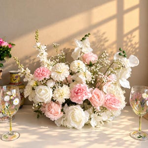 Peut inclure: Un arrangement floral composé de roses, dahlias et orchidées blancs et roses mélangés à du gypsophile, placé entre deux verres à vin transparents décorés de motifs floraux et de papillons peints à la main sur les pieds et les calices.
