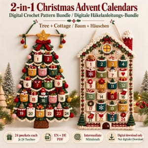 Könnte beinhalten: Ein 2-in-1 Häkelanleitungs-Bundle für digitale Weihnachts-Adventskalender in Form eines Baumes und eines Häuschens. Jeder Kalender hat 24 nummerierte Taschen mit festlichen Verzierungen. Enthält PDF-Anleitungen für ein mittleres Schwierigkeitsniveau.