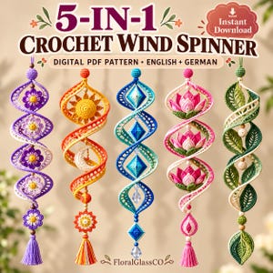 May include: A 5-in-1 crochet wind spinner digital PDF pattern featuring five hanging designs: purple flowers, a sun and moon, blue geometric shapes, pink lotus flowers, and green leaves. Each spiral ornament includes yarn tassels and beads.