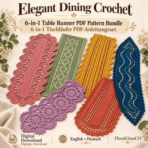 May include: A 6-in-1 table runner PDF pattern bundle titled Elegant Dining Crochet. The image displays five distinct crocheted table runners in pink, green, yellow, purple, and orange, plus a blue runner with a wavy pattern.