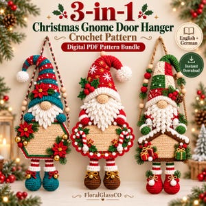 Christmas gnome door hanger crochet pattern | 3-in-1 festive PDF bundle | holiday wall decor | poinsettia and woodland gnome designs EN/DE