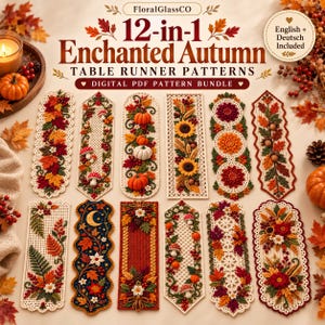 May include: A digital PDF pattern bundle titled 12-in-1 Enchanted Autumn Table Runner Patterns by FloralGlassCO. The image displays twelve distinct rectangular table runner designs featuring embroidered autumn motifs like pumpkins, leaves, mushrooms, sunflowers, and berries.