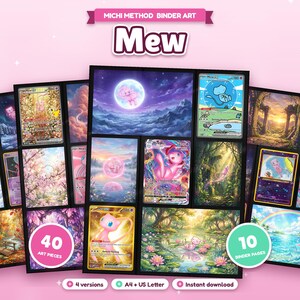 Zestaw wkładek do segregatora Mew Michi Method, 40 elementów artystycznych | 10 stron do druku, w stylu vintage i nowoczesnym | Pobierz grafikę do segregatora kart Pokemon