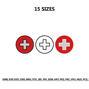 May include: A digital graphic featuring the text 15 SIZES at the top and a row of three circular icons with cross symbols in the center. The list of file formats EMB, EXP, DST, CND, BRO, STX, JEF, JPX, SEW, ART, PES, PEC, VP3, HUS, PCS, XXX is at the bottom.
