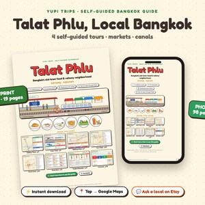 Peut inclure: Un guide de voyage numérique autoguidé pour Bangkok intitulé Talat Phlu, Local Bangkok, incluant 4 circuits, marchés et canaux. Le guide est présenté en version imprimable A4 de 19 pages et en version mobile de 98 pages.