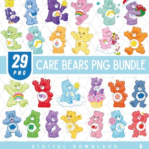 May include: A collection of 29 Care Bears PNG digital files featuring various colorful bears with unique belly badges, including characters holding stars, rainbows, cupcakes, and gifts, set against a white background with a geometric pattern.