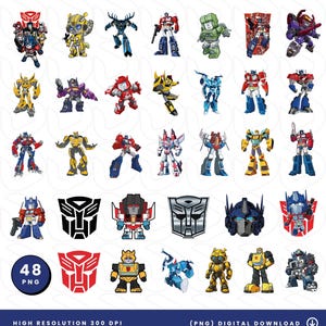 May include: A collection of 48 digital PNG images featuring various Transformers characters in robot form, including Optimus Prime and Bumblebee, alongside several Autobot and Decepticon faction symbols in red, black, and metallic silver colors.