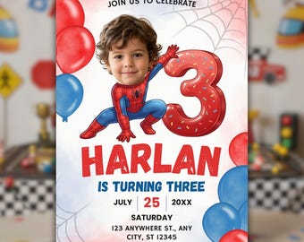 Personalisierte Spiderman-Geburtstagseinladung, Superhelden-Geburtstagseinladung, Einladung zum 3. Geburtstag, Canva-Vorlage