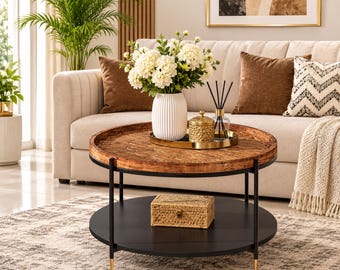 Boho Round Solid Wood Coffee Table, Petal Carved, 2-Tier Storage Shelf