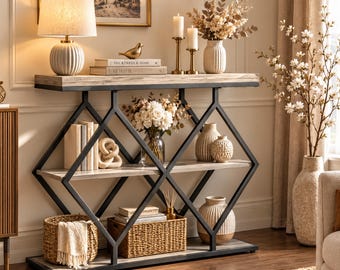 39 Inch Wooden Console Table, 3 Tier Narrow Entryway Sofa Table with Metal Frame
