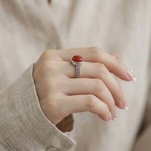 Adjustable Red Cabochon Ring, Silver-Plated Copper Open Band